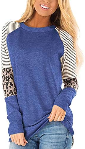 Andongnywell ženska Casual boja blok tunike bluza dame Leopard Print okrugli vrat Dugi rukav T-Shirt