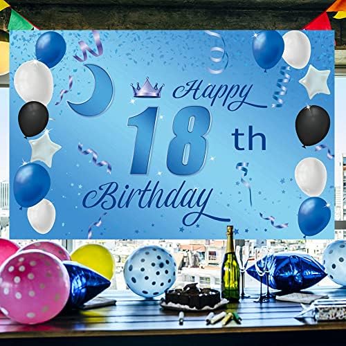 Sweet Happy 18th Birthday Backdrop Banner Poster 18 Birthday Party Decorations 18th birthday party Supplies 18th Photo Background For Girls, Boys, Women, Men-Blue 72.8 x 43.3 Inch