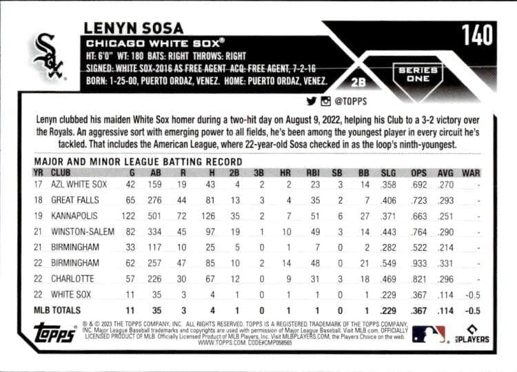 LENYN SOSA RC 2023 TOPPS 140 Rookie White Sox NM + -MT + MLB bejzbol