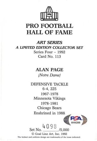 Alan Page Potpisan liniju CILJ Linije umetnička karta GLAC autogramirani Vikings PSA / DNA AI44399 - NFL AI44399