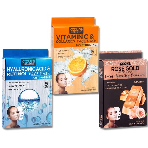 Azure Sheet maske set vrijednosti - hijaluronska kiselina & Retinol Anti Aging Maska za lice, Vitamin C