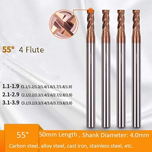 3 komada - krajnji mlin, 55 stepeni 4 Flaute 1,1 mm do 3,9 mm, prečnik drške 4,0 mm, Ukupna dužina:50 mm