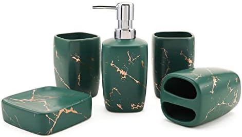 Kupaonica Set 5 komad sadrži držač četkica za zube, pump, sapun, sapun, zelena i zlatna keramika