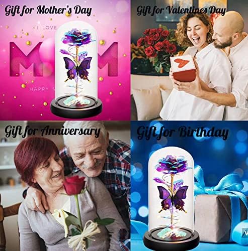 Yoqivexu Leptir pokloni za žene, stakleni leptir pokloni za mamu, šareno svjetlo Purple Rose u staklenoj kupoli,