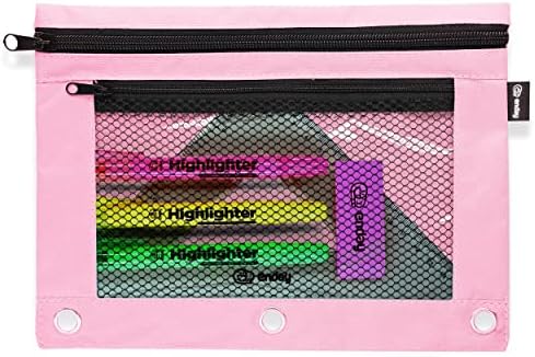 Enday Velika torbica za olovke za 3 prstenaste ružičasto, mreža za olovku sa zatvaračem, vrećica za olovke