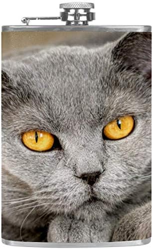 Hip tikvica za tečnost od nerđajućeg čelika nepropusna sa levkom 7.7 Oz kožna navlaka odlična poklon ideja tikvica-siva mačka Mieze žute oči