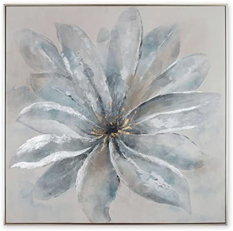 Blistav, ručno oslikano srebro uokvireno platno 60 x 40 plavi, srebrni i bijeli cvijet apstraktno umjetničko