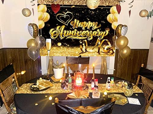 Happy Anniversary Banner Backdrop Black Gold Anniversary photography Background For Wedding
