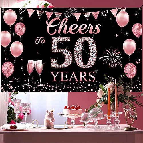 Happy 50. rođendan ukrasi za žene, navijači na 50 godina Backdrop Banner, ružin zlato 50. rođendanski dvorište