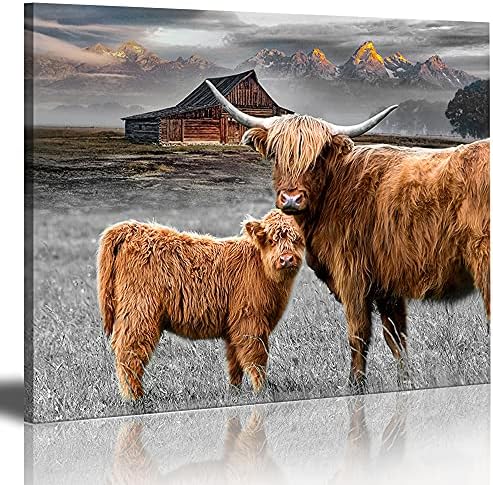 Rinsiken Highland goveda zid Art sa dugim rogovima slika – Highland krava Print na platnu slika 12x16 inča