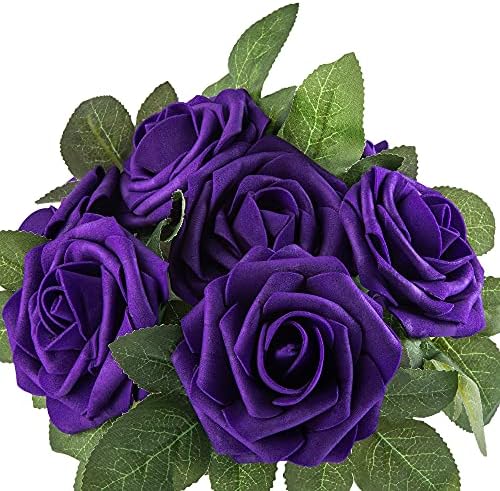 Lansdowns Umjetna cvjetna pjena ruža 25kom lažna ruža pravog izgleda sa stabljikama lišće za uređenje doma Party vrt središnji dijelovi DIY vjenčani buketi(ljubičasta)