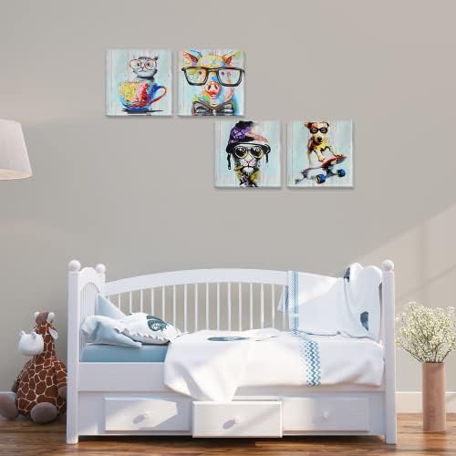 Funny Colorful Animal Canvas Wall Art Print slike 4 komada Crtić slatka mačka svinja pas sa naočarima slike