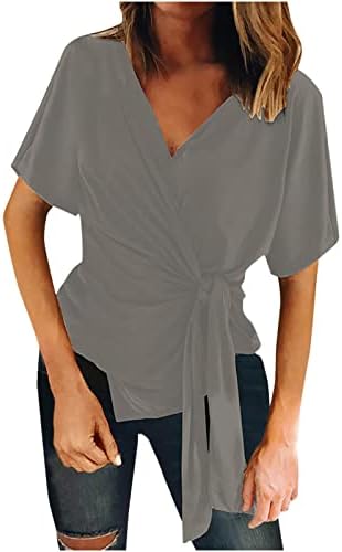Košulje za žene Ljeto Jesen kratki rukav duboki V omotač za zamotavanje Criss Cross Plain Bluze Košulje TEEN