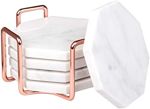 D'eco bijeli Carrara podmetači sa držačem od ružičastog zlata za piće-Set 5-Zaštita od stola za bilo