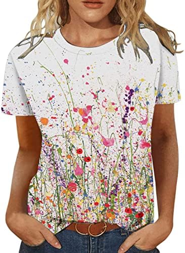 Crewneck majica Žene kratkih rukava Pamuk cvjetni grafički salon labavi fit opuštena fit bluza