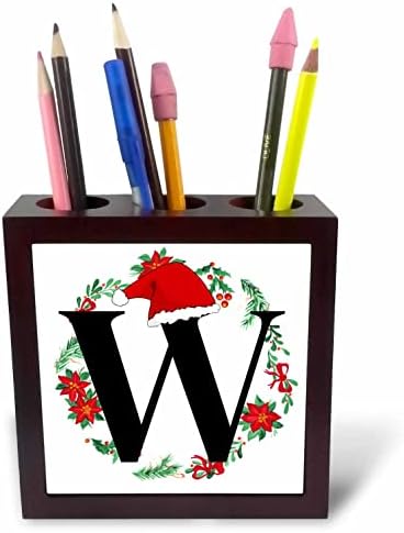 3drose W Inicijal božićnog monograma sa Santa šeširom i držačima olovke za vijence