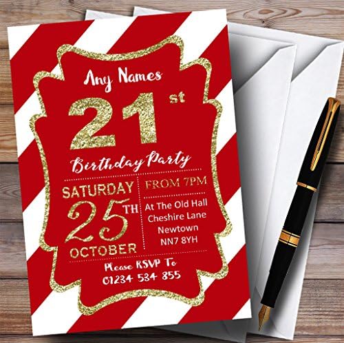Crvene bijele dijagonalne pruge zlatne 21. personalizirane rođendane pozivnice