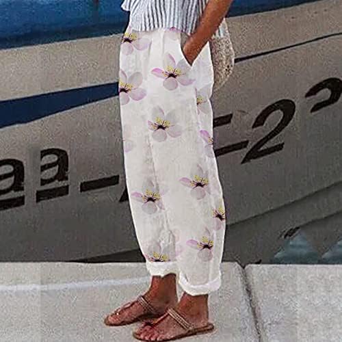 Ljetne casual široke noge pamučne pantalone za žene visokog struka posteljine s džepovima vrećaste boje pune