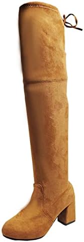 HCJKDU Žene preko koljena čizme Modni okrugli nožni prste Chunky Mid-Heel Boot Comfort Suede čipke