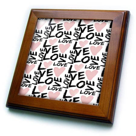 3drose Brush Stroke Crne ljubavne riječi i Pink Hearts uzorak-Framedled Tiles