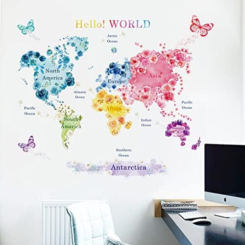 čudesna Karta Svijeta zidne naljepnice Penoy Flower Butterfly Peel and Stick Wall Art Decals za djecu