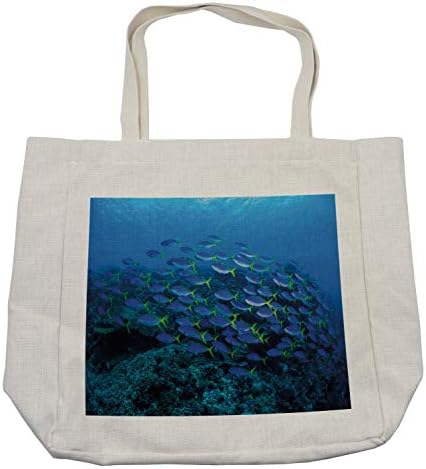 Ambesonne torba za kupovinu ribe, jato riba na kamenim biljnim životinjama u podmorskim i sunčanim snopovima na
