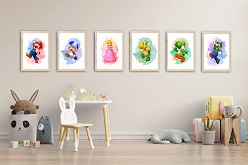 Gwency Design Super Mario Game Akvarelni Posteri - Set od 6-Super Mario Wall Art Game Room Decor za djecu