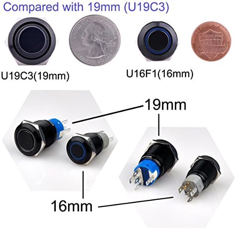 Ulincos® trenutni prekidač na dugme U16f1 1no1nc crna metalna školjka sa plavim LED prstenom pogodna
