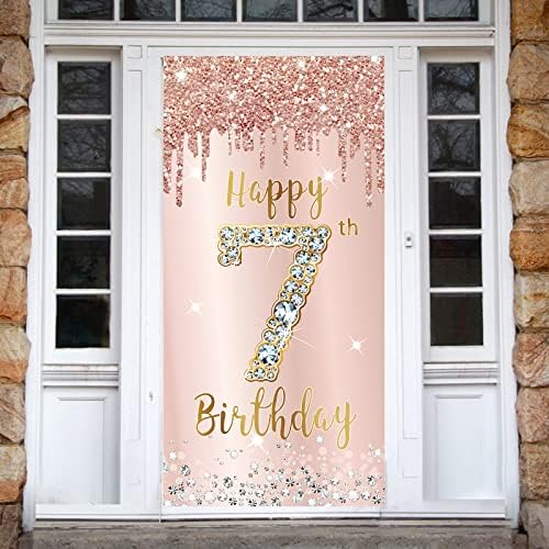 7. rođendan Banner dekoracije za djevojčice, Pink Rose Gold Happy 7 rođendan poklopac vrata znak potrepštine,