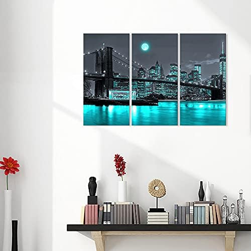 Canvbay Brooklyn Bridge canvas Wall Art crno-bijeli New York City noćni pogled Mjesečeva slika Print Teal