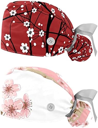 Medicinske kape za žene sa dugmićima Duge kose, 2 komada Podesiva radna kapa, cvjeta trešnje