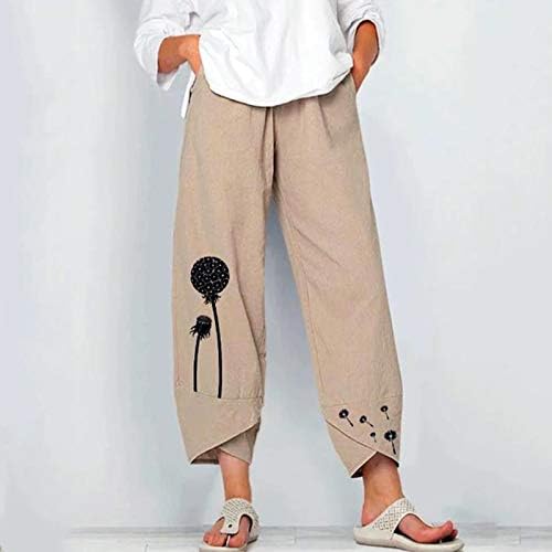 IOPQO široke pantalone za noge za žene pamučne posteljine elastične struice obrezane harem hlače