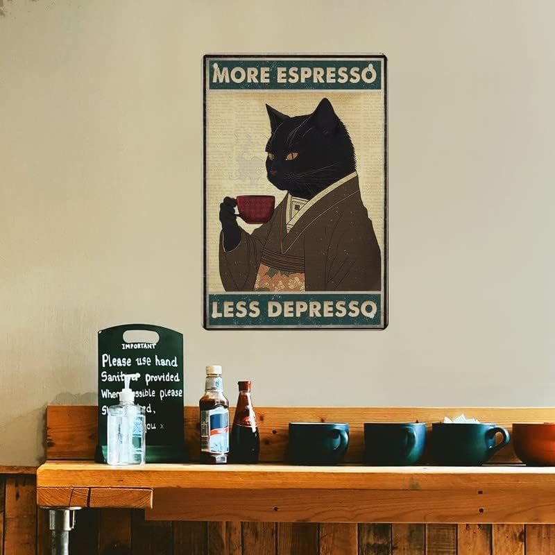 KDLY Vintage crna mačka kafa Poster više Espresso manje Depresso zidni znak novost metalni Limeni znak