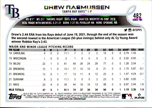 2022 TOPPS 482 Drew Rasmussen Tampa Bay Rays serije 2 MLB bejzbol trgovačka kartica