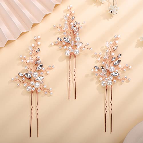 Teyglen Bride Wedding Crystal Pearls Hair Pins Vintage Rose Gold Hair Pins Set Bridal Rhinestone Hair Pieces