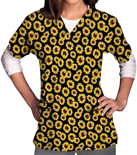 Ženska ljetna bluza radna odjeća cvjetna print kratkih rukava V izrez Lose Comfy COSY majice vrhovi sa džepom