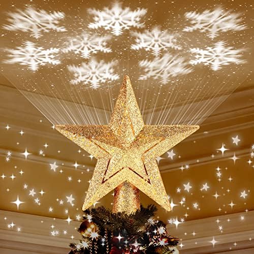 Božićno stablo, star stakleni stablo, osvijetljena zvezda sa 3 načina rotirajućeg snježne led projektora, 3D šuplji sjajni rasvijetljeni zlatni gornji drveni stablo za gornje od drveta Božićne ukrase