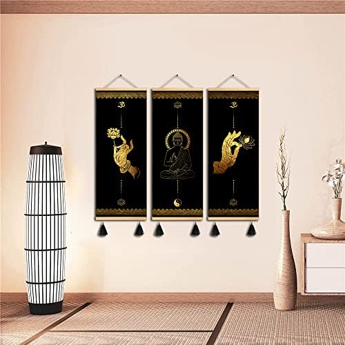 MBOUFOEY 3pcs budizam Zen Art Buddha pokreti za ruke Zlatni Crni platneni zid Art Yoga Print Poster drveni okvir za pomicanje s resicama slika Kućni dekor umjetničko djelo spremno za vješanje