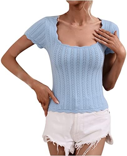Ženski pleteni džemper ljetni modni čvrsti boja U-izrez kratkih rukava Krošak pletiva Slim Fit bluza