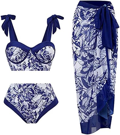 Wiuitrie Womens bikini set 3 komada Elegantni vintage print ruffled čipke up brazilski thong kupaći kupaći kostim