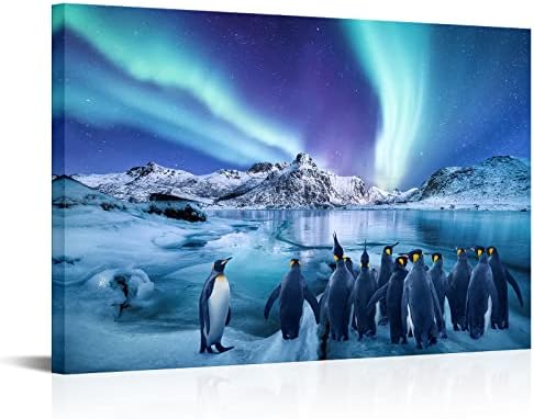 Sechars sjeverno svjetlo platno Print pingvini na Iceberg pejzažna slika Aurora Borealis zidna umjetnost