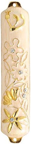 Matashi ručno oslikana bijela emajla Mezuzah ukrašena je cvjetnim dizajnom sa kristalima zlata