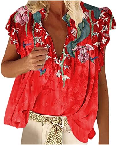 Ženski vrhovi skrivaju trbuh tunika 2023 ljetni cvjetni print v izrez majica casual trendi rufffle s kratkim
