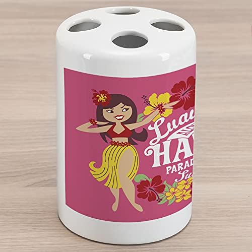 AMBESONNE HULA GIRL CERAMIC HOLDER, Luau Party Aloha Paradise Island Fun Text sa plesačem Hibiskusom, dekorativnom svestranom kontratu za kupatilo, 4,5 x 2,7, vruće ružičasto senf