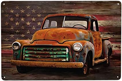 Vintage American Flag Metal Tin znak Zidni dekor, Retro Stari kamion sa USA Flag Style Plaque Decor