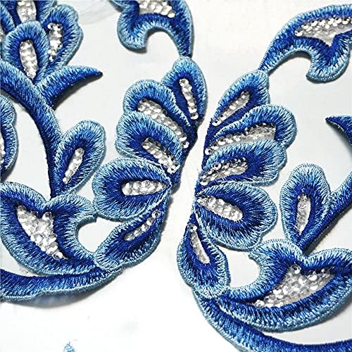 PDGJG 1 set 4pcs plave vezene aplikacije Sequin čipka tkanine Ogrlica sa šivanjem zakrpe za vjenčanje