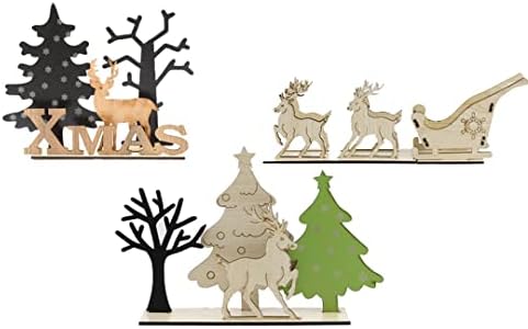 Božićni dekor za stol, set od 3, tablice Laserski rez drveni drveće Santa salejni jeleni sa pravokutnim bazom, božićni drveni ukrasi, Xmas Holiday ukrasi