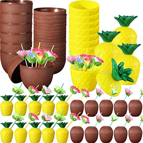 60 kom Tropsko ananas Coconut Cups plastične šalice pića sa 60 poklopca i cvijeća i cvjetnih slama Havajski luau Bachelorette potrepštine na plaži Party Decorates za djecu
