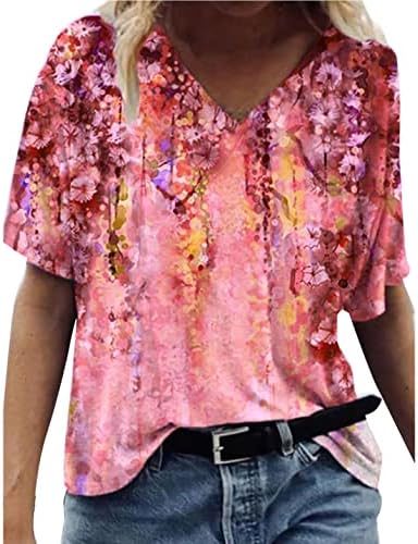 Ženska bluza s kratkim rukavima 2023 V izrez pamuk leptir cvjetni grafički lounge Top majica za djevojke