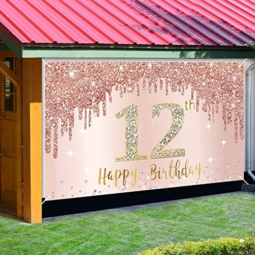 12. rođendan Banner dekoracije za djevojčice, Rose Gold Happy 12 rođendan pozadina potrepštine, Pink 12